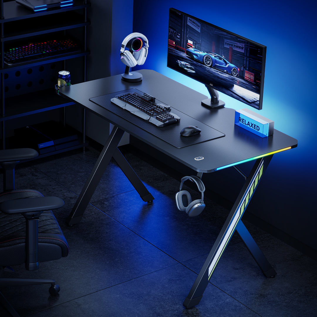 Escritorio para juegos NanoRS, negro, con soporte para auriculares y tazas, retroiluminación RGB, max. 75kg, dimensiones 1200x600x750mm, RS102