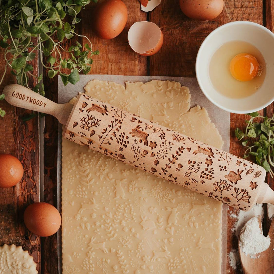 Goody Woody Rodillo para tartas grabado, 46 cm, madera de haya, diseño de conejito