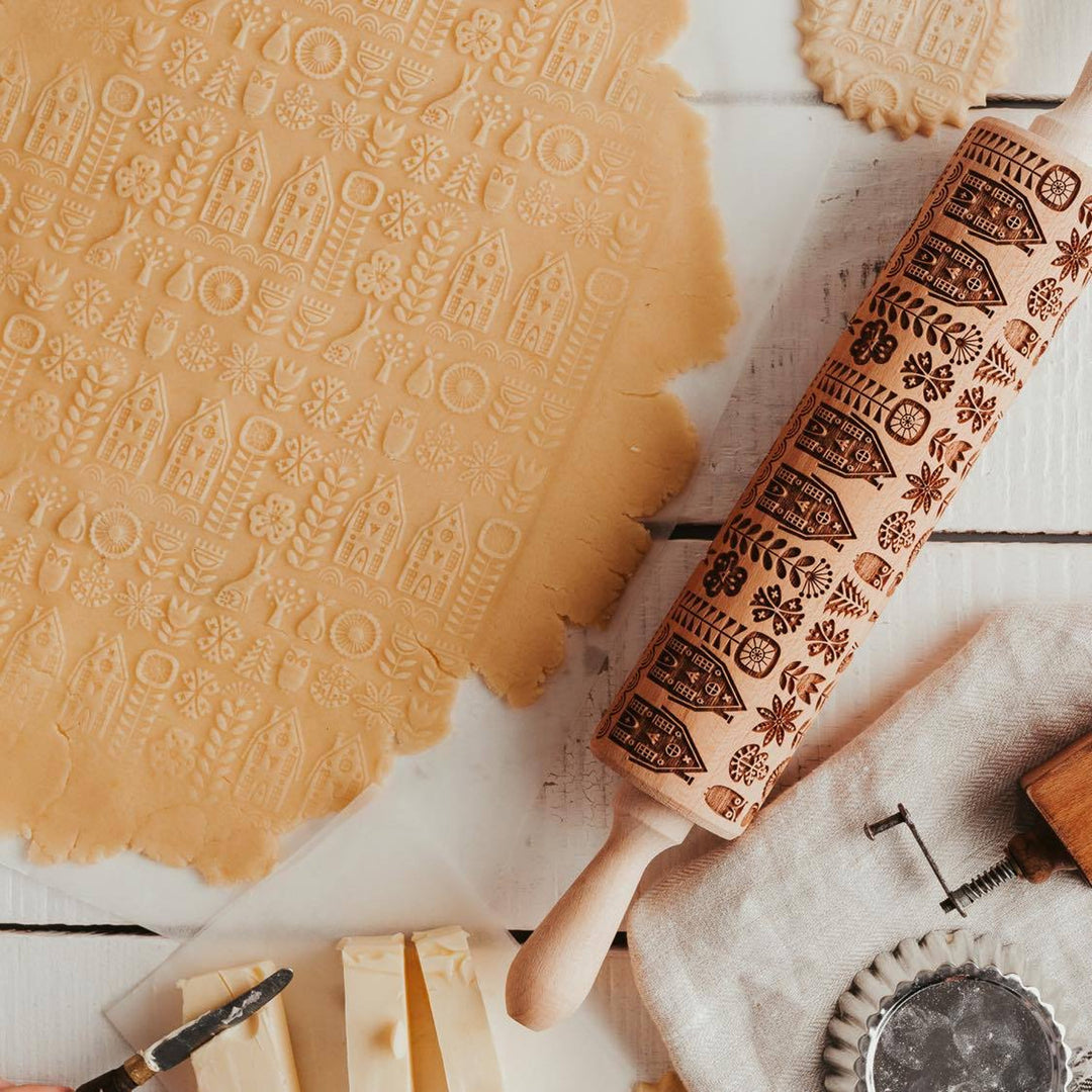 Rolo de massa gravado Goody Woody, 46 cm, madeira de faia, estilo escandinavo