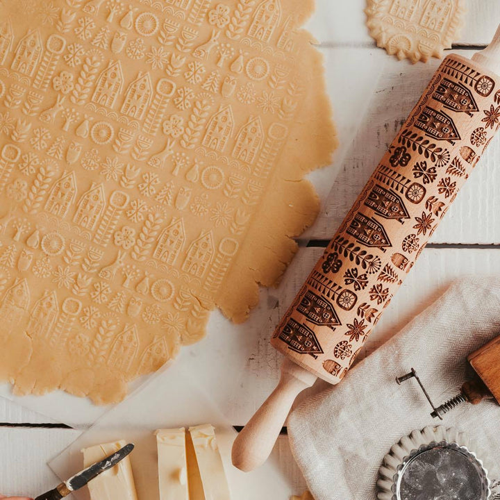 Rolo de massa gravado Goody Woody, 46 cm, madeira de faia, estilo escandinavo