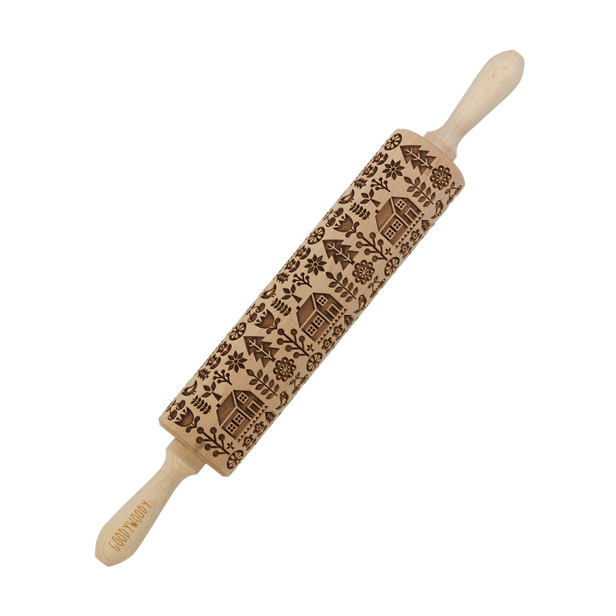 Goody Woody Rodillo para tartas grabado, 46 cm, madera de haya, casa escandinava