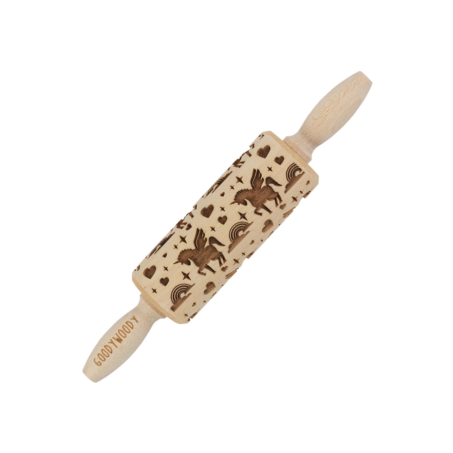 Rolo de massa gravado Goody Woody, 23,5 cm, madeira de faia, design de unicórnio