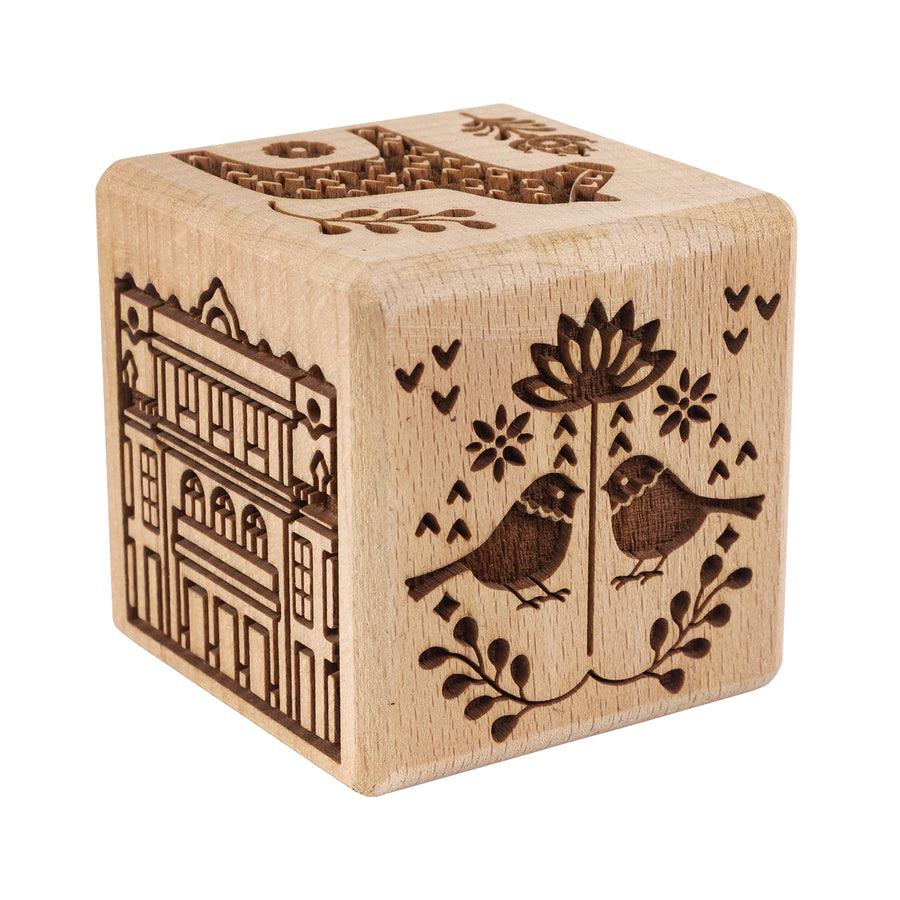 Caixa para bolachas Goody Woody gravada, 6 cm, madeira de faia, 6 desenhos, estilo escandinavo