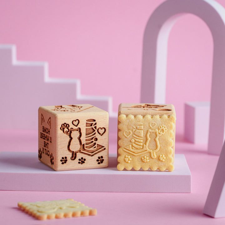 Goody Woody Cubo para tarta grabado, 6 cm, madera de haya, 6 diseños, gatos