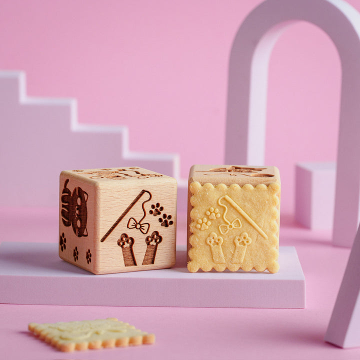 Goody Woody Cubo para tarta grabado, 6 cm, madera de haya, 6 diseños, gatos