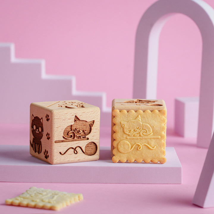 Goody Woody Cubo para tarta grabado, 6 cm, madera de haya, 6 diseños, gatos