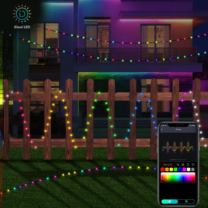 Iluminação exterior Rabalux Biri, cordão LED RGB, IP44, Wi-Fi, Bluetooth