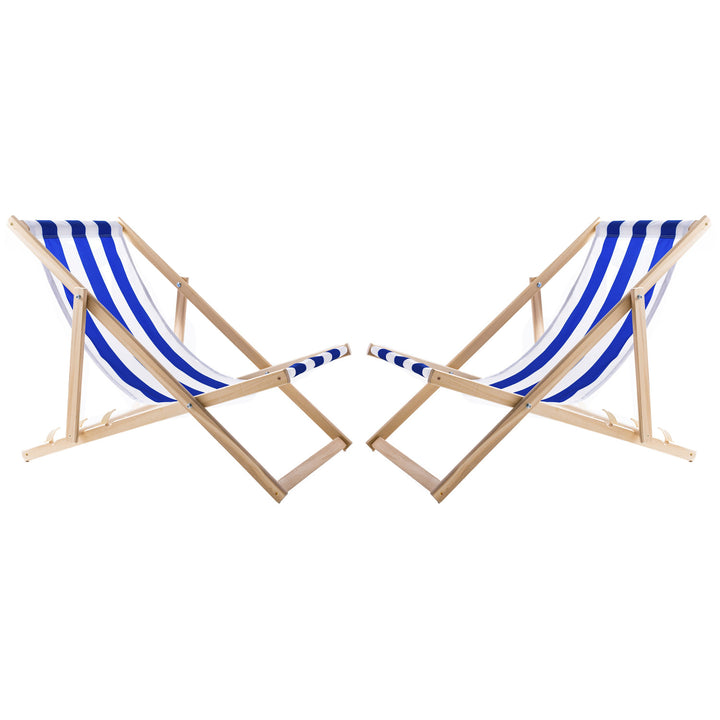 Conjunto WOODOK de 2 espreguiçadeiras em madeira de faia, cadeira de praia, espreguiçadeira de jardim, pátio, varanda e terraço, dobráveis, até 120 kg (listras azuis)