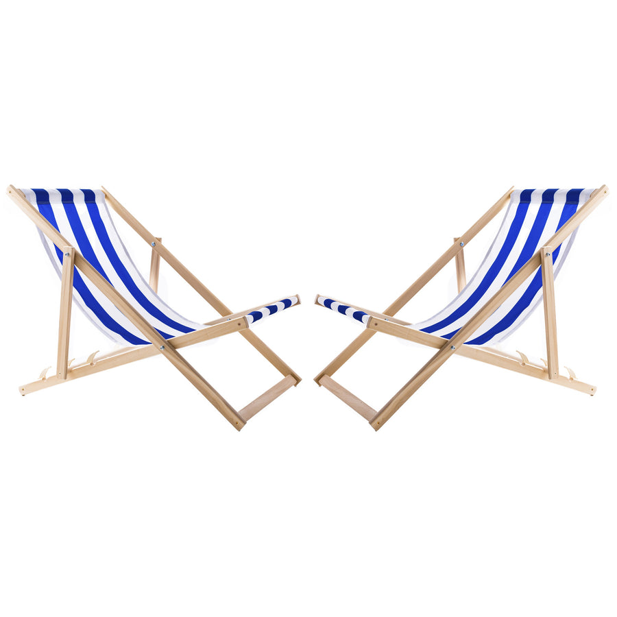 WOODOK Juego de 2 Tumbonas de Madera de Haya, Silla de Playa, Tumbona de Jardín, Patio, Balcón y Terraza, Plegable, hasta 120 kg (Rayas Azules)