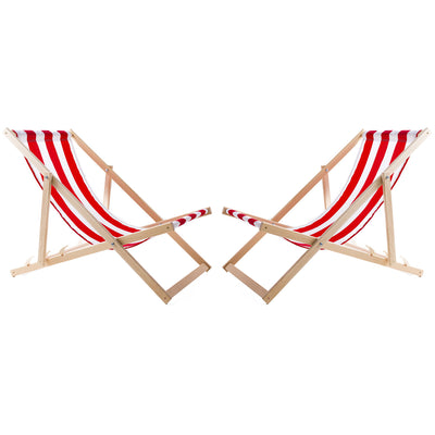 WOODOK Juego de 2 Tumbonas de Madera de Haya, Silla de Playa, Tumbona de Jardín, Patio, Balcón y Terraza, Plegable, hasta 120 kg (Rayas Rojas)