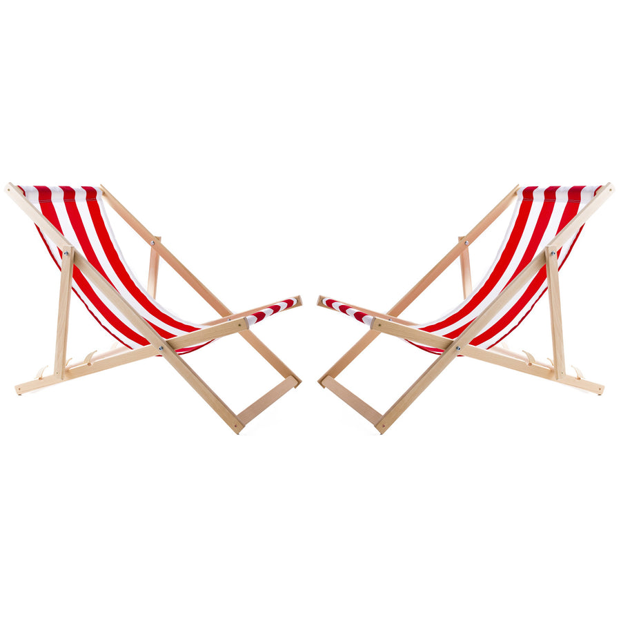 WOODOK Juego de 2 Tumbonas de Madera de Haya, Silla de Playa, Tumbona de Jardín, Patio, Balcón y Terraza, Plegable, hasta 120 kg (Rayas Rojas)