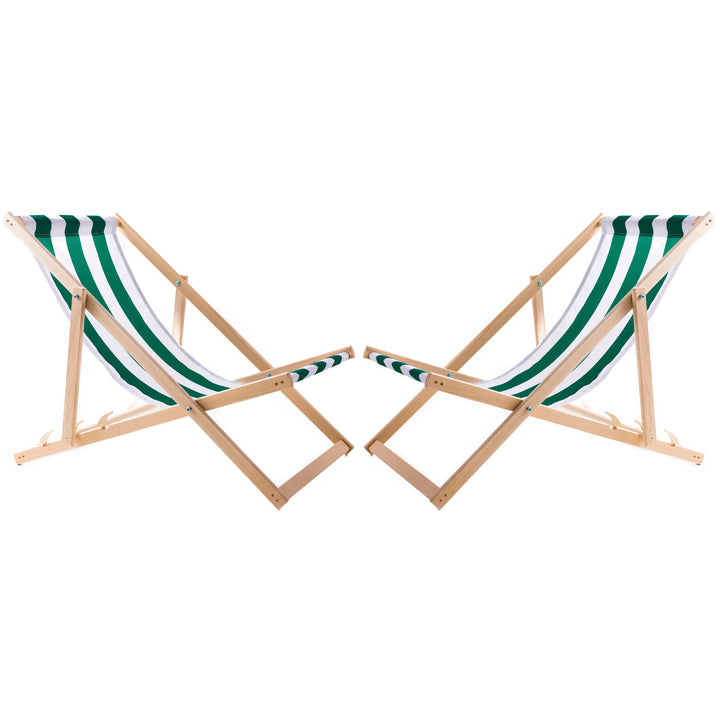 Conjunto WOODOK de 2 espreguiçadeiras em madeira de faia, cadeira de praia, espreguiçadeira de jardim, pátio, varanda e terraço, dobráveis, até 120 kg (listras verdes)