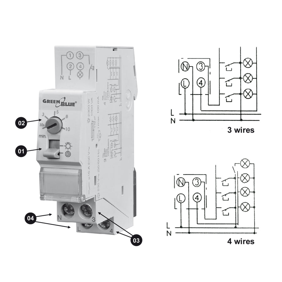 Iluminação automática de escadas GreenBlue para montagem em calha DIN, controlo de 30s-10m, máx. 2300W, GB114, 3 unidades