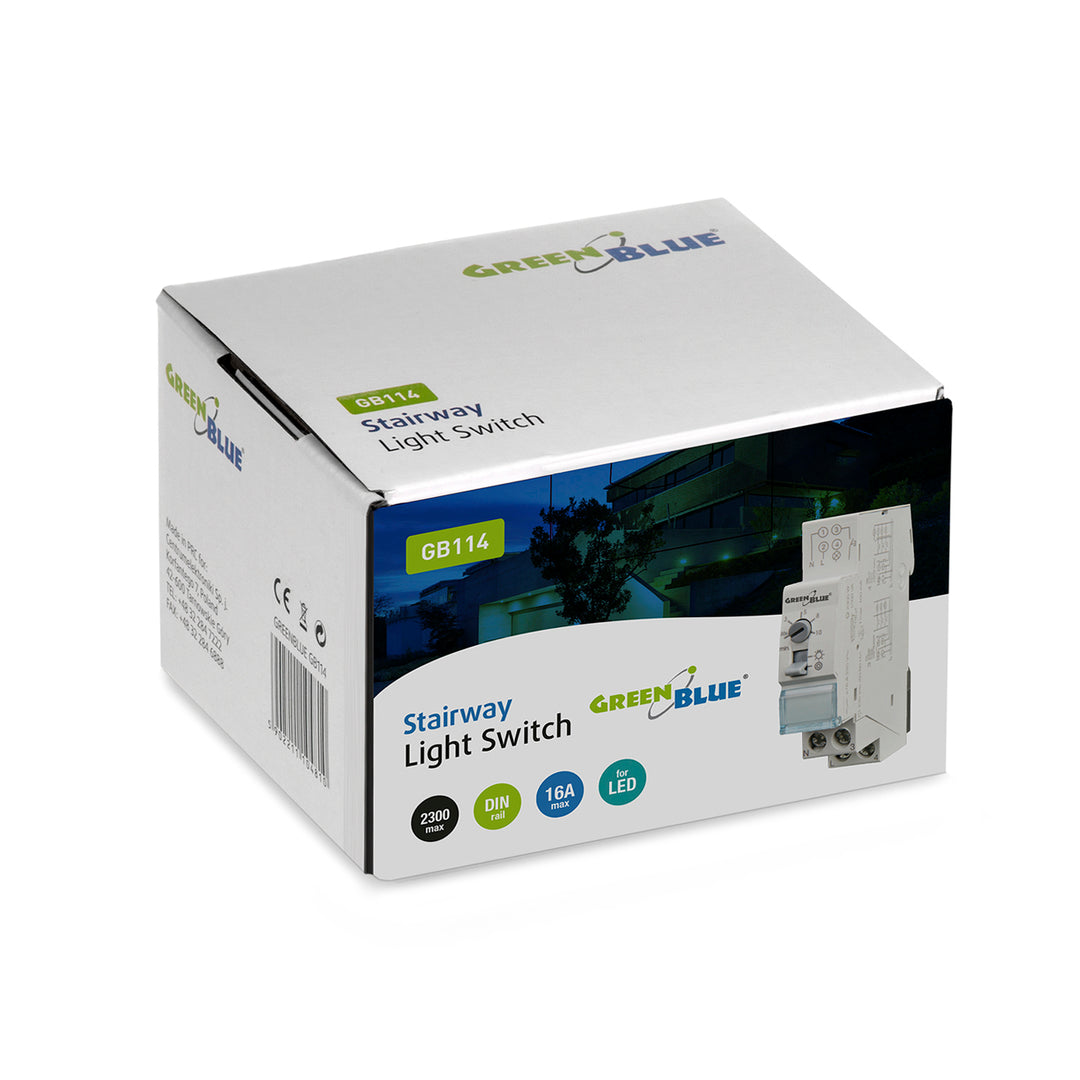 Iluminação automática de escadas GreenBlue para montagem em calha DIN, controlo de 30s-10m, máx. 2300W, GB114, 3 unidades