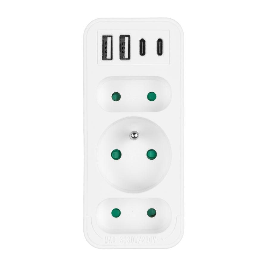 Toma de corriente x3 + 4xUSB Maclean, divisor de 3 tomas, 2xUSB A, 2xUSB C PD 20W, 1x16A + 2x6A, MCE248 F/W