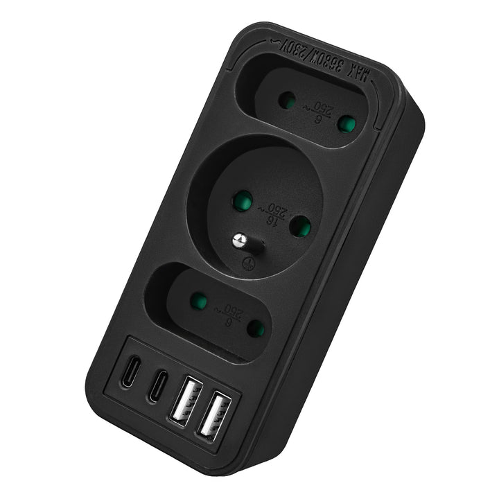 Toma de corriente x3 + 4xUSB Maclean, divisor de 3 tomas, 2xUSB A, 2xUSB C PD 20W, 1x16A + 2x6A, MCE248 F/B