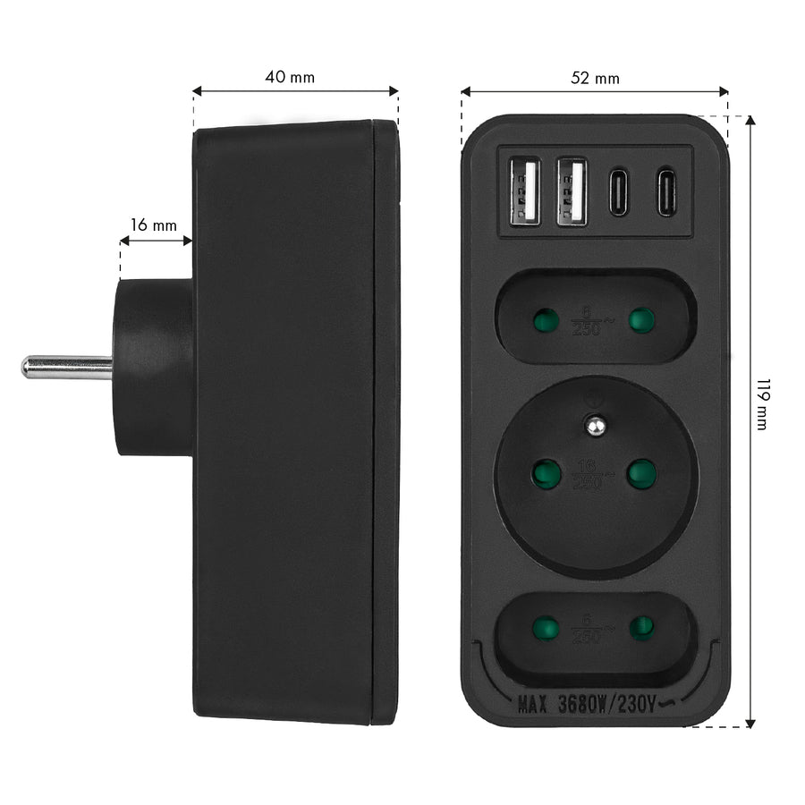 Toma de corriente x3 + 4xUSB Maclean, divisor de 3 tomas, 2xUSB A, 2xUSB C PD 20W, 1x16A + 2x6A, MCE248 F/B