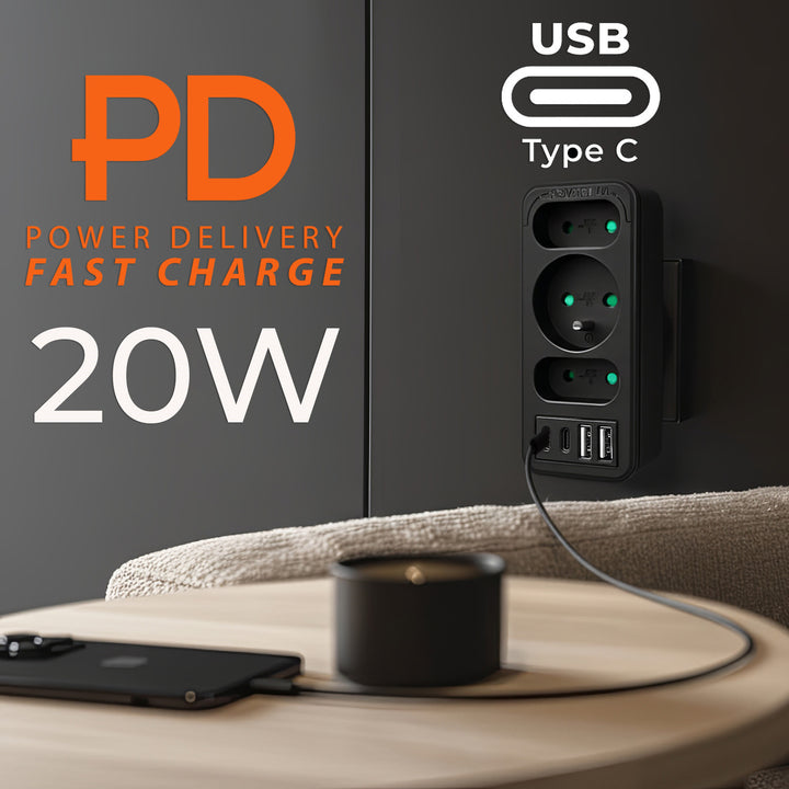 Toma de corriente x3 + 4xUSB Maclean, divisor de 3 tomas, 2xUSB A, 2xUSB C PD 20W, 1x16A + 2x6A, MCE248 F/B