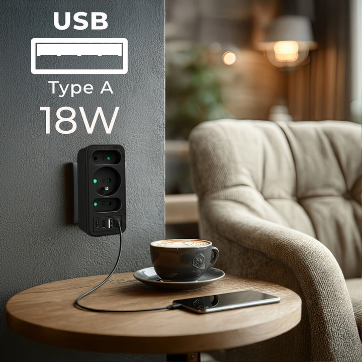 Toma de corriente x3 + 4xUSB Maclean, divisor de 3 tomas, 2xUSB A, 2xUSB C PD 20W, 1x16A + 2x6A, MCE248 F/B