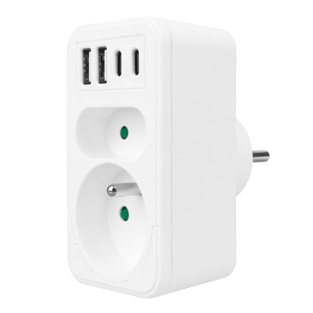 Toma de corriente Maclean x2 + 4xUSB, divisor con 2 tomas, 2xUSB A, 2xUSB C PD 20W, 1x16A + 1x6A, MCE249 F/W