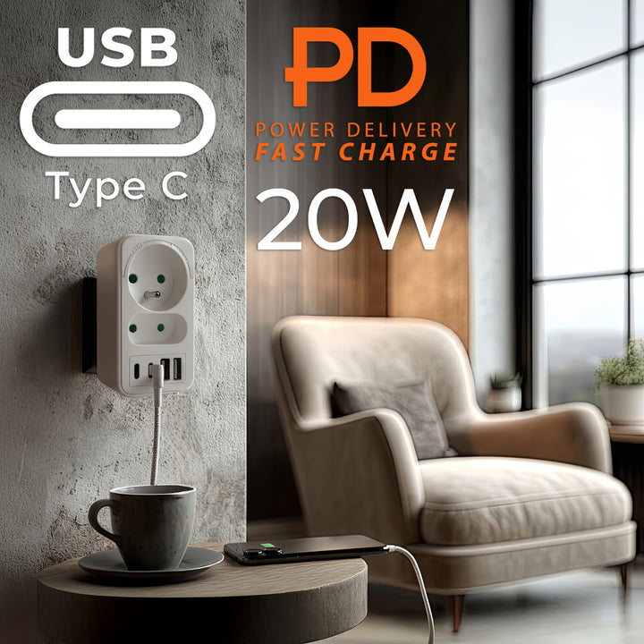 Toma de corriente Maclean x2 + 4xUSB, divisor con 2 tomas, 2xUSB A, 2xUSB C PD 20W, 1x16A + 1x6A, MCE249 F/W