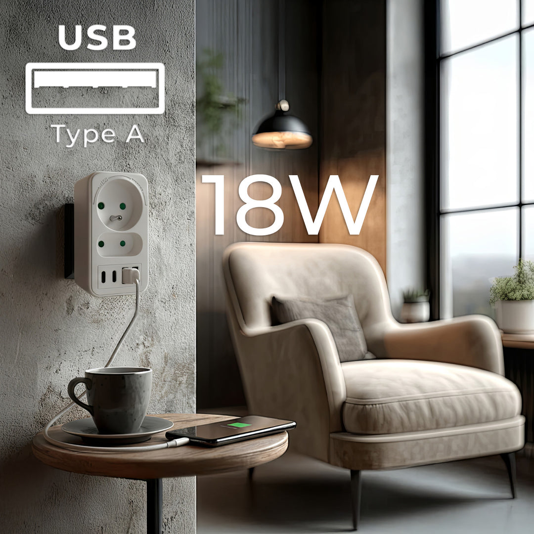 Toma de corriente Maclean x2 + 4xUSB, divisor con 2 tomas, 2xUSB A, 2xUSB C PD 20W, 1x16A + 1x6A, MCE249 F/W