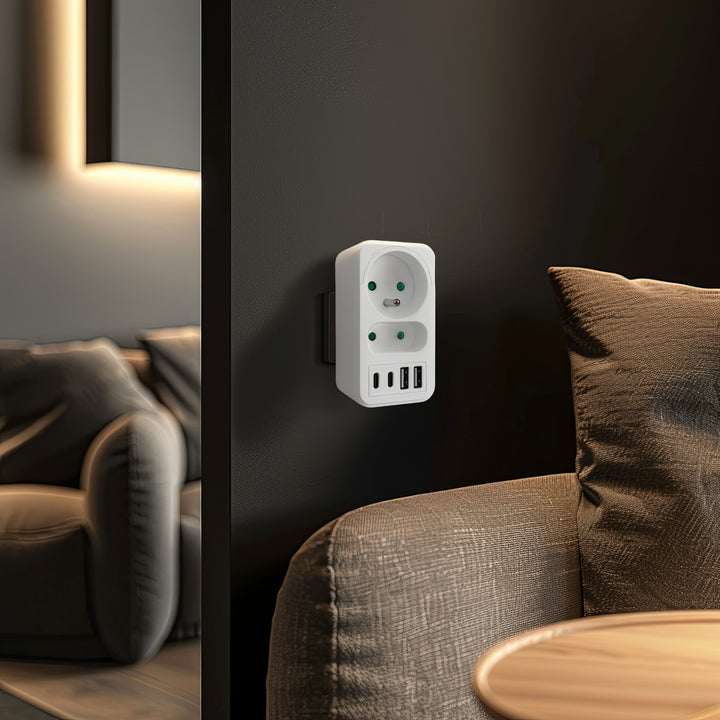 Toma de corriente Maclean x2 + 4xUSB, divisor con 2 tomas, 2xUSB A, 2xUSB C PD 20W, 1x16A + 1x6A, MCE249 F/W