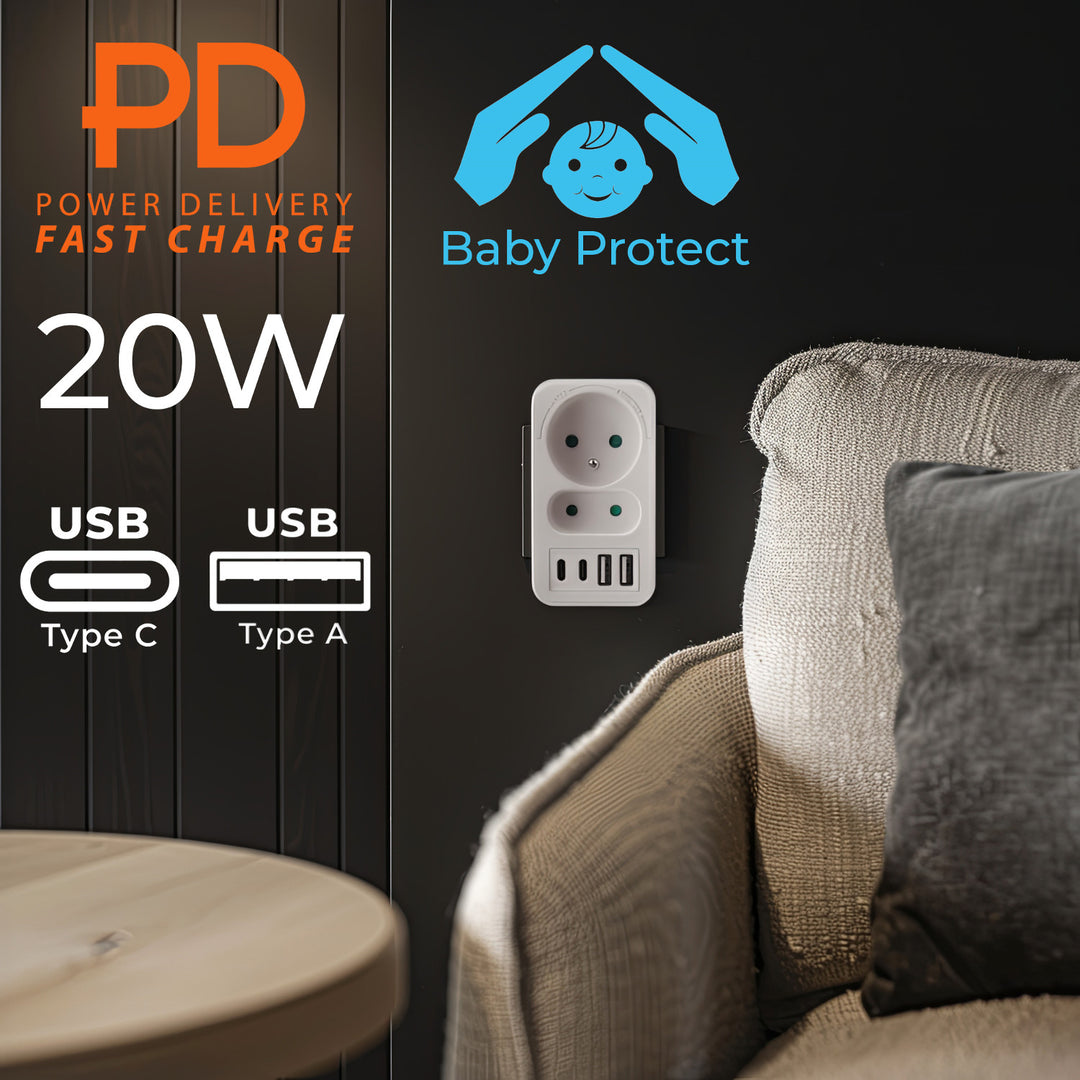 Toma de corriente Maclean x2 + 4xUSB, divisor con 2 tomas, 2xUSB A, 2xUSB C PD 20W, 1x16A + 1x6A, MCE249 F/W