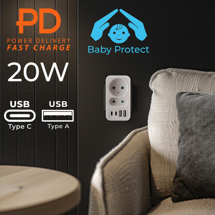Toma de corriente Maclean x2 + 4xUSB, divisor con 2 tomas, 2xUSB A, 2xUSB C PD 20W, 1x16A + 1x6A, MCE249 F/W