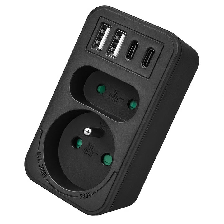 Toma de corriente Maclean x2 + 4xUSB, divisor con 2 tomas, 2xUSB A, 2xUSB C PD 20W, 1x16A + 1x6A, MCE249 F/B