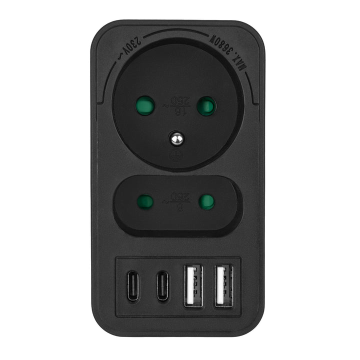 Toma de corriente Maclean x2 + 4xUSB, divisor con 2 tomas, 2xUSB A, 2xUSB C PD 20W, 1x16A + 1x6A, MCE249 F/B