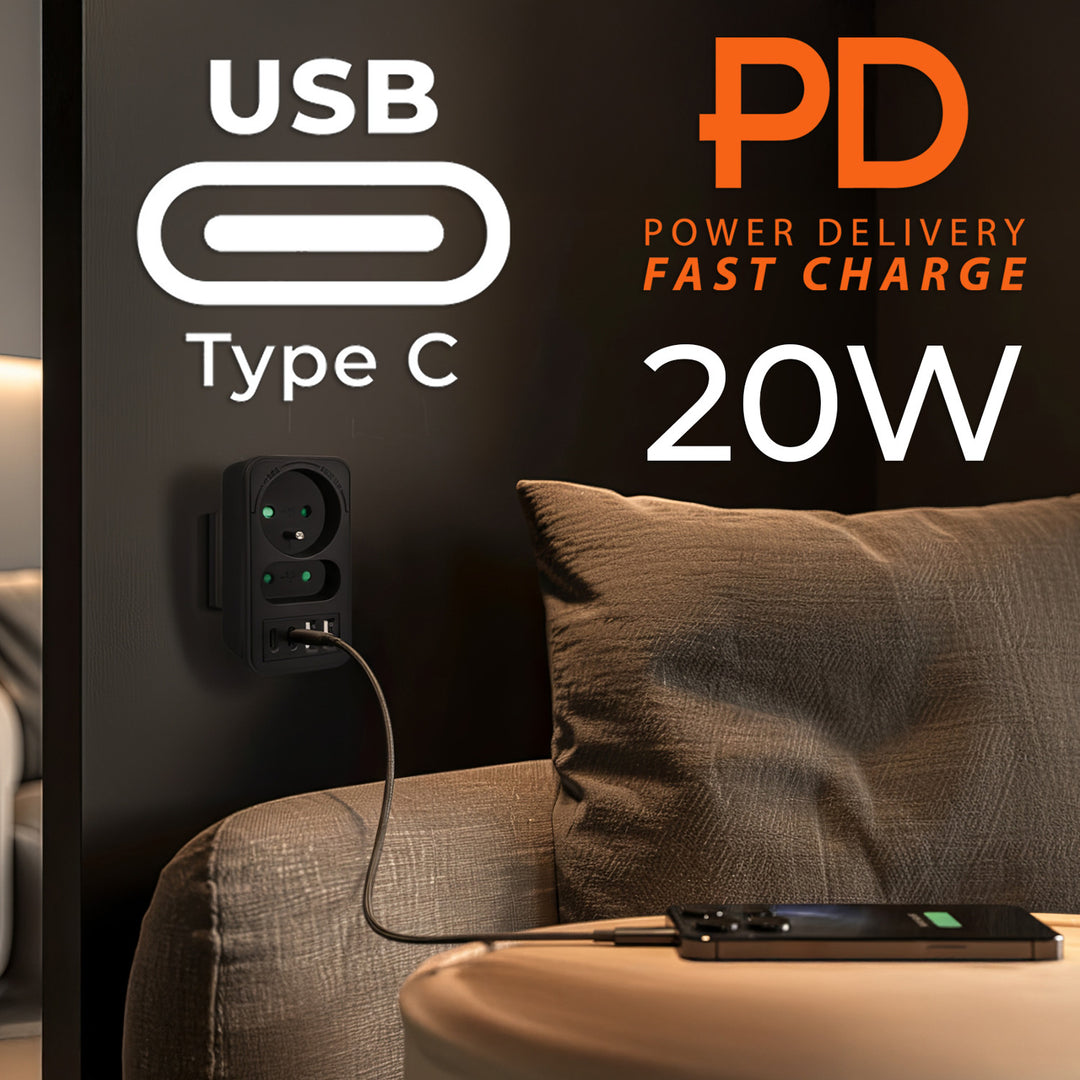 Toma de corriente Maclean x2 + 4xUSB, divisor con 2 tomas, 2xUSB A, 2xUSB C PD 20W, 1x16A + 1x6A, MCE249 F/B