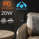 Toma de corriente Maclean x2 + 4xUSB, divisor con 2 tomas, 2xUSB A, 2xUSB C PD 20W, 1x16A + 1x6A, MCE249 F/B