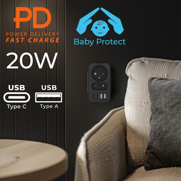 Toma de corriente Maclean x2 + 4xUSB, divisor con 2 tomas, 2xUSB A, 2xUSB C PD 20W, 1x16A + 1x6A, MCE249 F/B