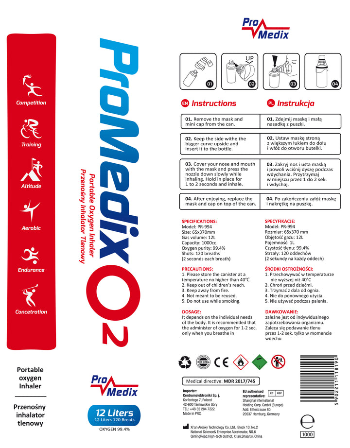 Inalador portátil de oxigénio Promedix 99,4% em lata, 12L, PR-994, 3 unidades