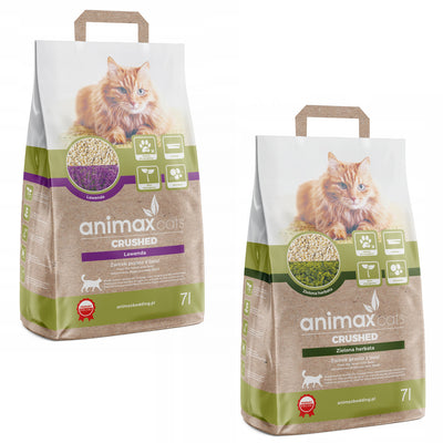 Animax Lecho aglomerante, Lavanda, triturado, 7 litros + Lecho aglomerante, Té verde, triturado, 7 litros