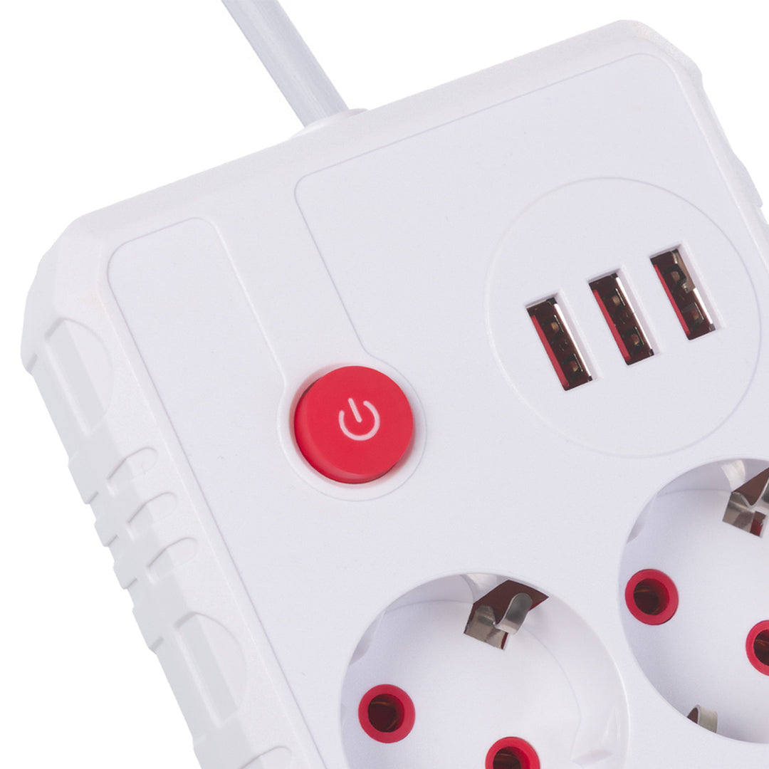 Regleta de enchufes Maclean, cable alargador 2 tomas + 3xUSB, 110-240V CA 50/60Hz, 2,1A máx. 2500W, 1,5m, blanco, MCE387 W