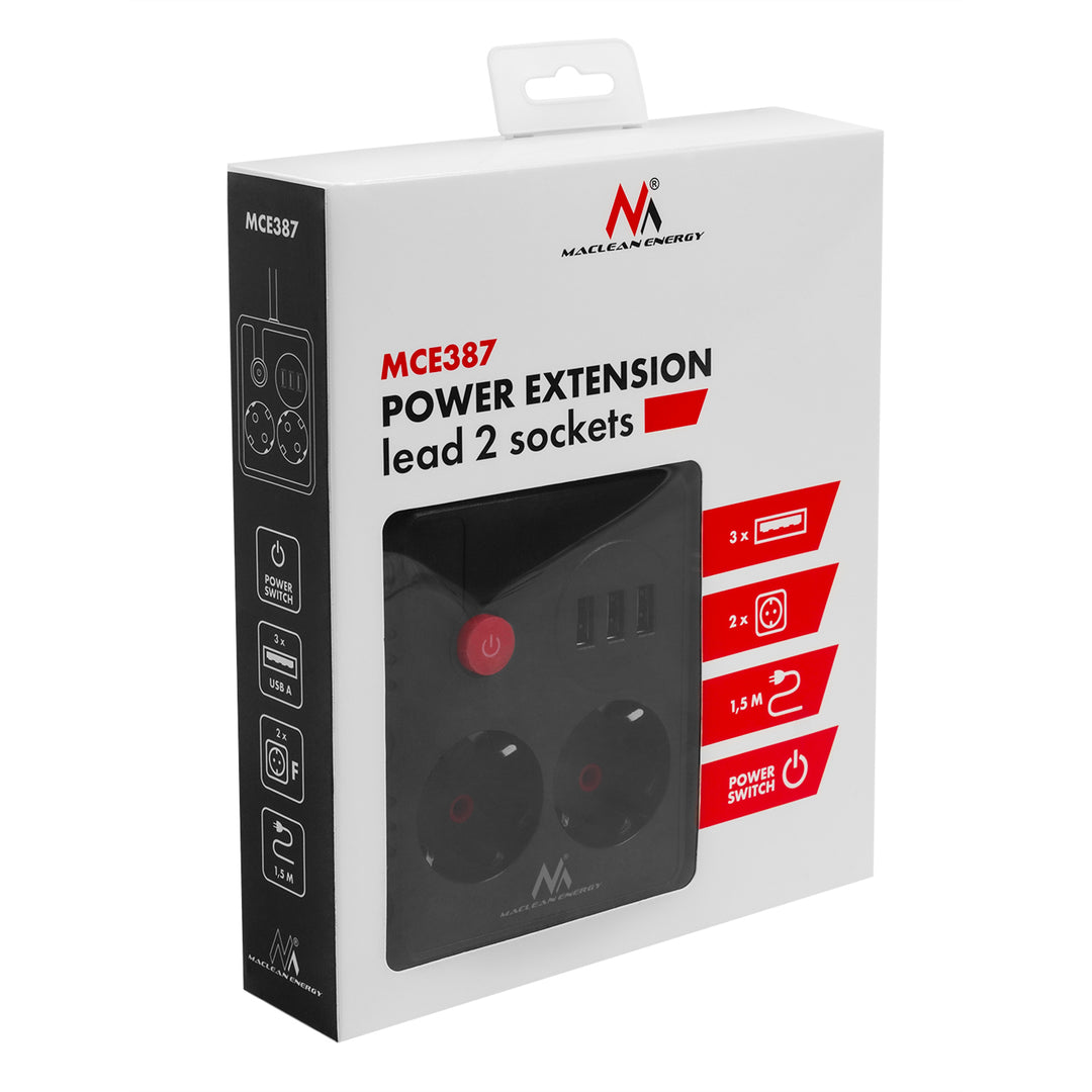 Regleta de enchufes Maclean, cable alargador de 2 tomas + 3xUSB, 110-240 V CA 50/60 Hz, 2,1 A máx. 2500 W, 1,5 m, negro, MCE387 B