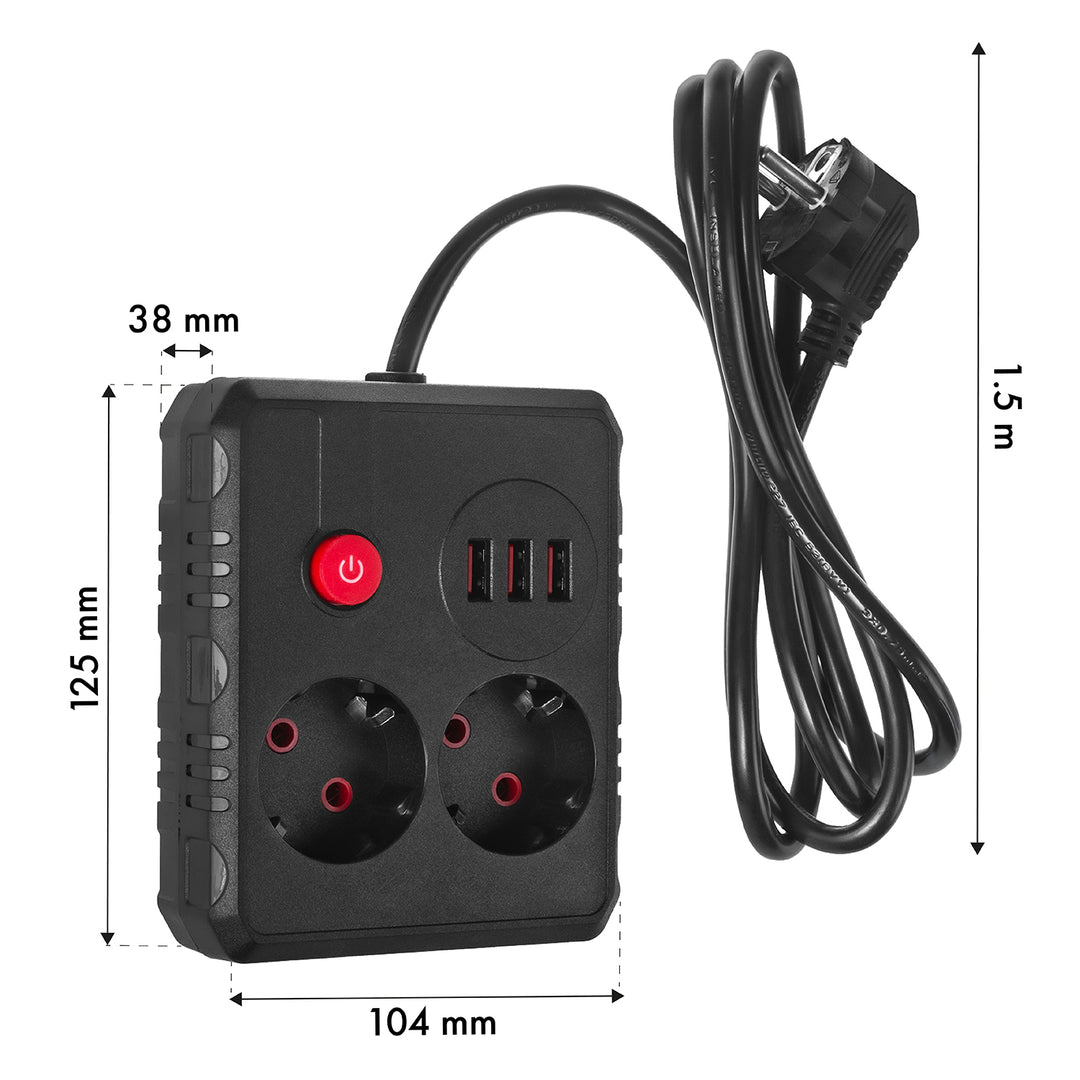 Regleta de enchufes Maclean, cable alargador de 2 tomas + 3xUSB, 110-240 V CA 50/60 Hz, 2,1 A máx. 2500 W, 1,5 m, negro, MCE387 B