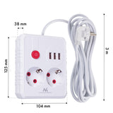 Regleta de enchufes Maclean, cable alargador 2 tomas + 3xUSB, 110-240 V CA 50/60 Hz, 2,1 A máx. 2500 W, 3 m, blanco, MCE388 W