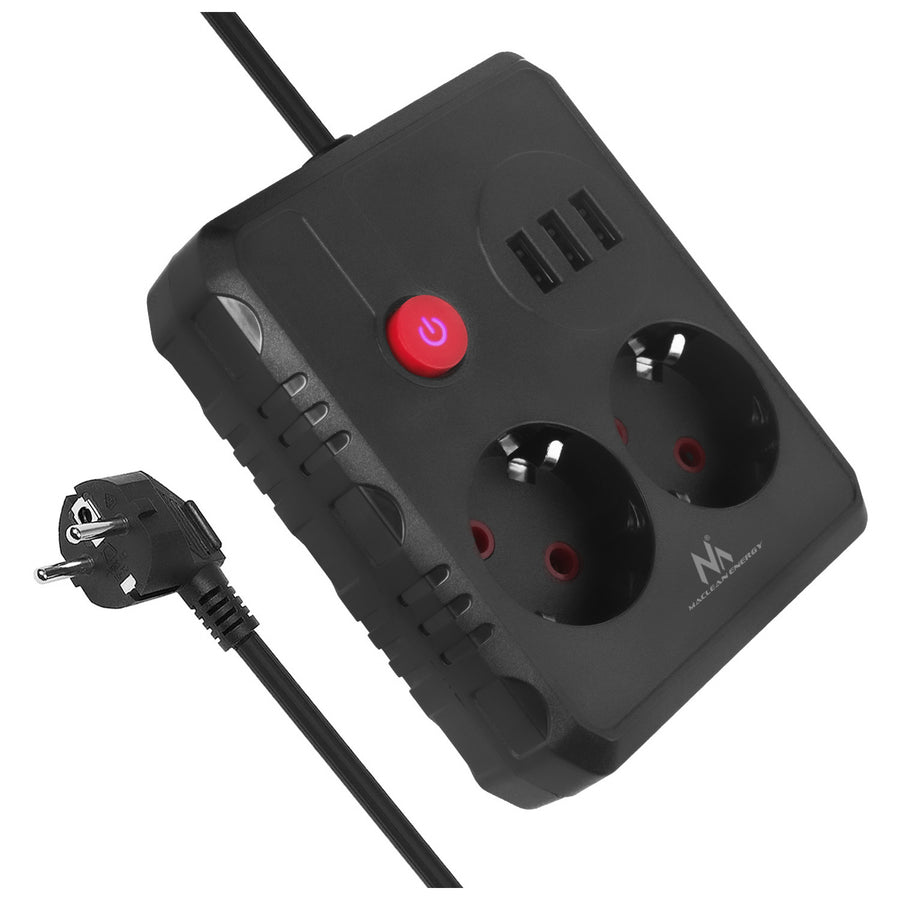 Regleta de enchufes Maclean, cable alargador 2 tomas + 3xUSB, 110-240 V CA 50/60 Hz, 2,1 A máx. 2500 W, 3 m, negro, MCE388 B