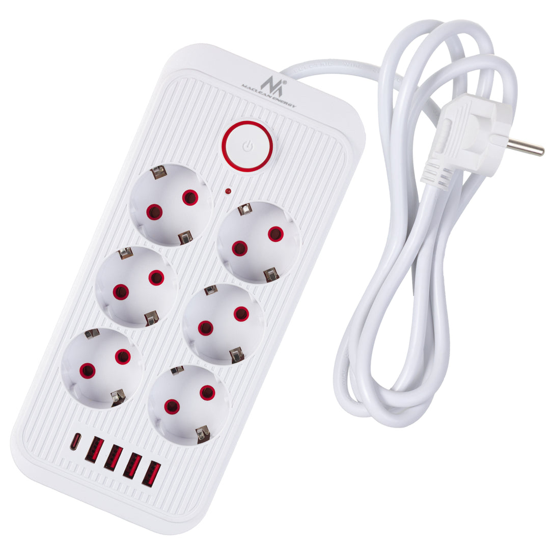 Regleta de enchufes Maclean, cable alargador de 6 tomas + 4xUSB, 110-240 V CA 50/60 Hz, 2,1 A máx. 2500 W, 1,5 m, blanco, MCE389 W