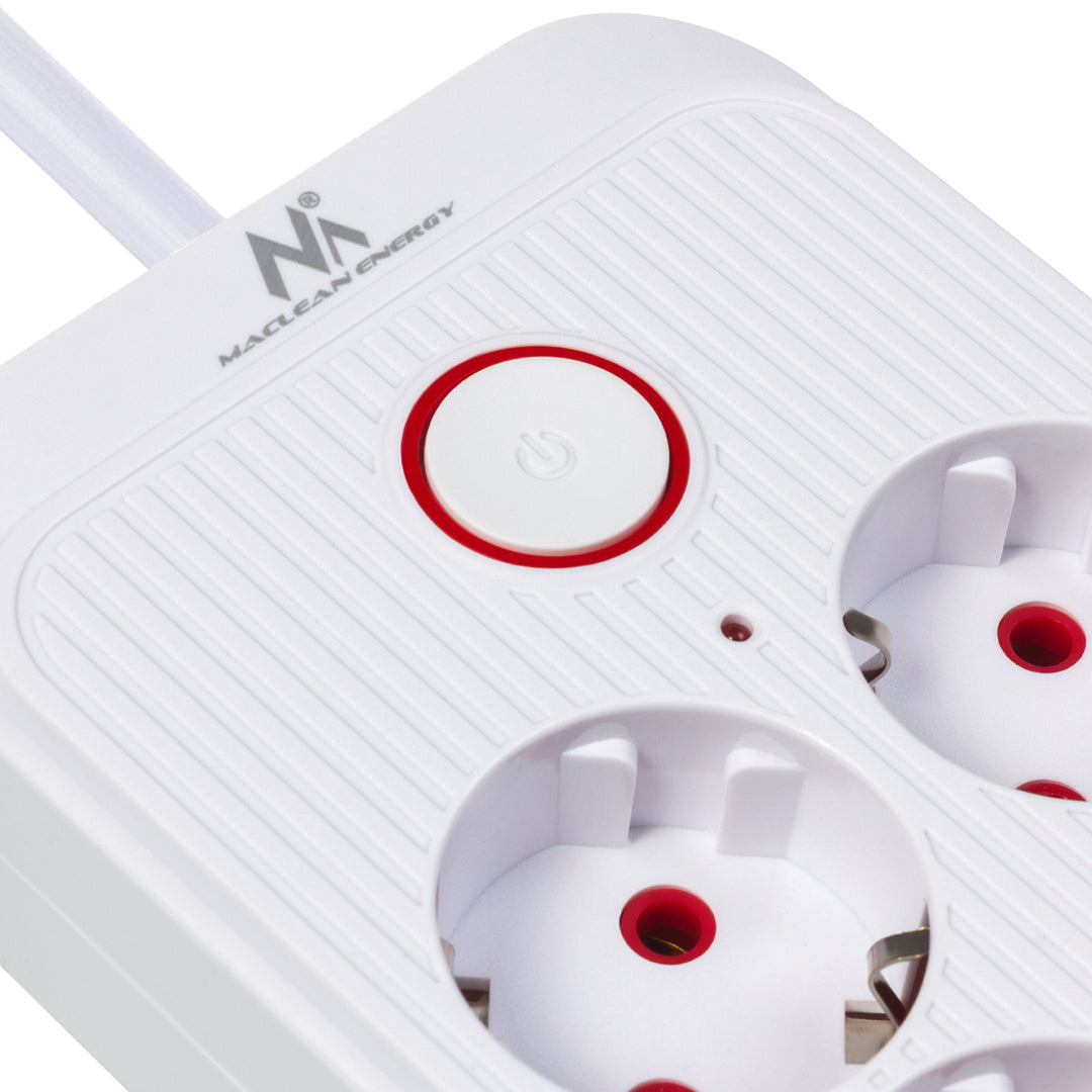 Regleta de enchufes Maclean, cable alargador de 6 tomas + 4xUSB, 110-240 V CA 50/60 Hz, 2,1 A máx. 2500 W, 1,5 m, blanco, MCE389 W