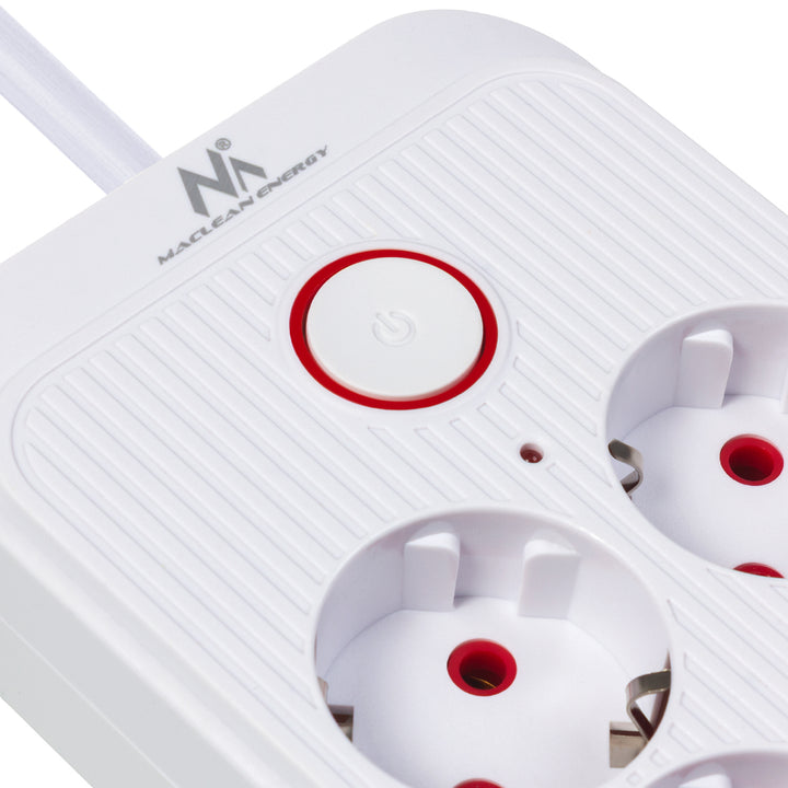Regleta de enchufes Maclean, cable alargador de 6 tomas + 4xUSB, 110-240 V CA 50/60 Hz, 2,1 A máx. 2500 W, 1,5 m, blanco, MCE389 W