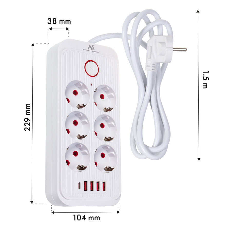 Regleta de enchufes Maclean, cable alargador de 6 tomas + 4xUSB, 110-240 V CA 50/60 Hz, 2,1 A máx. 2500 W, 1,5 m, blanco, MCE389 W
