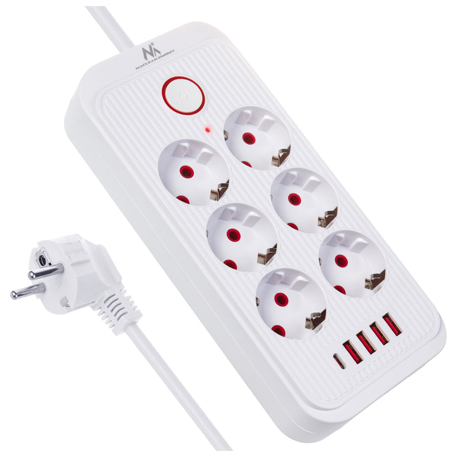 Regleta de enchufes Maclean, cable alargador de 6 tomas + 4xUSB, 110-240 V CA 50/60 Hz, 2,1 A máx. 2500 W, 1,5 m, blanco, MCE389 W