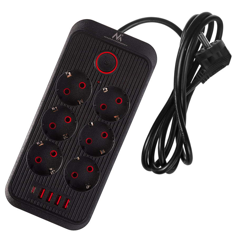 Regleta de enchufes Maclean, cable alargador de 6 tomas + 4xUSB, 110-240 V CA 50/60 Hz, 2,1 A máx. 2500 W, 1,5 m, negro, MCE389 B