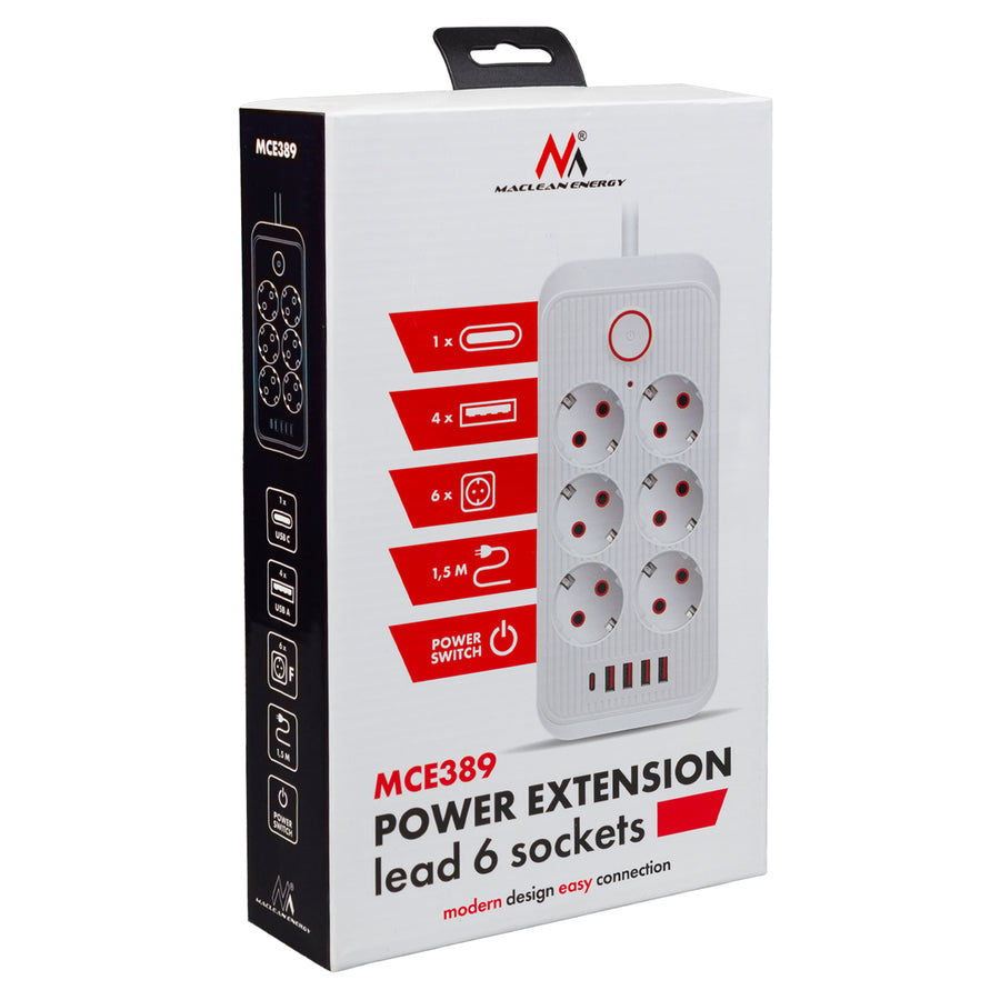 Regleta de enchufes Maclean, cable alargador de 6 tomas + 4xUSB, 110-240 V CA 50/60 Hz, 2,1 A máx. 2500 W, 1,5 m, negro, MCE389 B