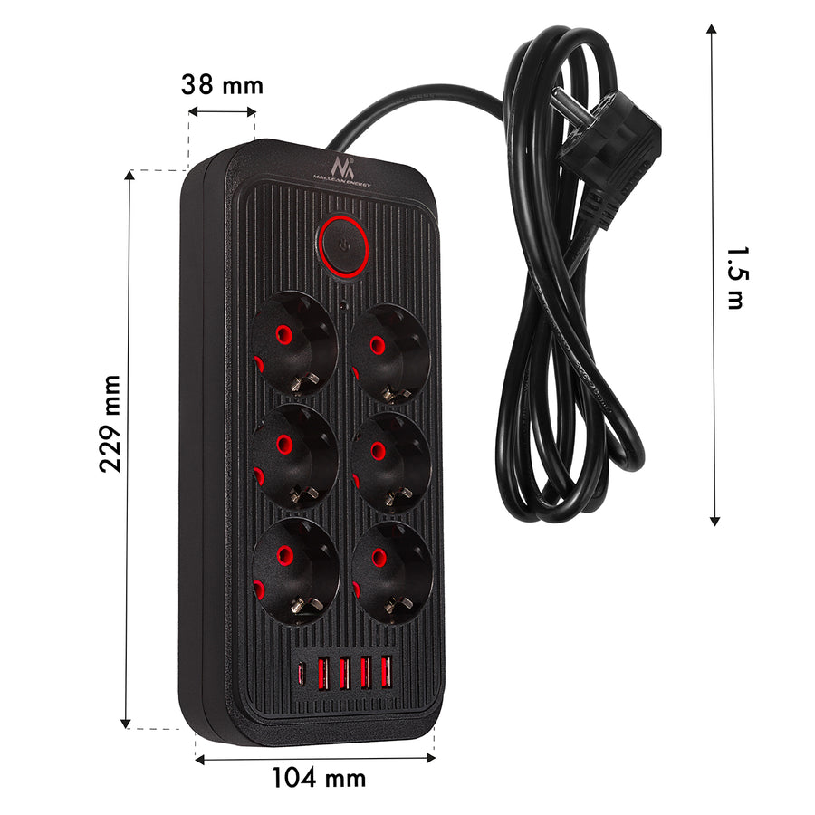 Regleta de enchufes Maclean, cable alargador de 6 tomas + 4xUSB, 110-240 V CA 50/60 Hz, 2,1 A máx. 2500 W, 1,5 m, negro, MCE389 B
