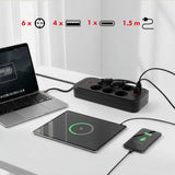 Regleta de enchufes Maclean, cable alargador de 6 tomas + 4xUSB, 110-240 V CA 50/60 Hz, 2,1 A máx. 2500 W, 1,5 m, negro, MCE389 B